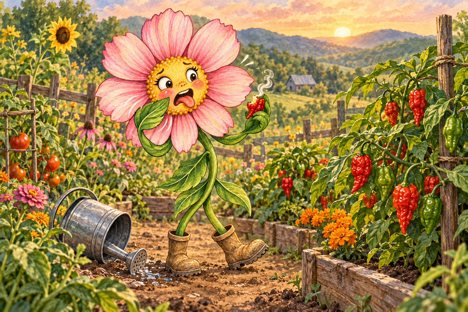 Hattie Bloom tastes a very hot red pepper in a colorful hillside garden