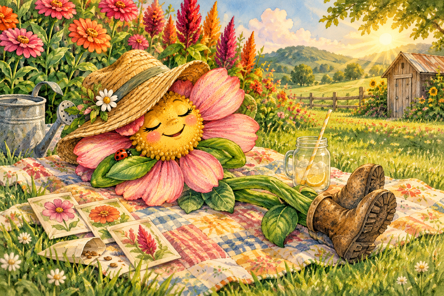 Hattie naps on a quilt in the warm sunshine beside a colorful flower field