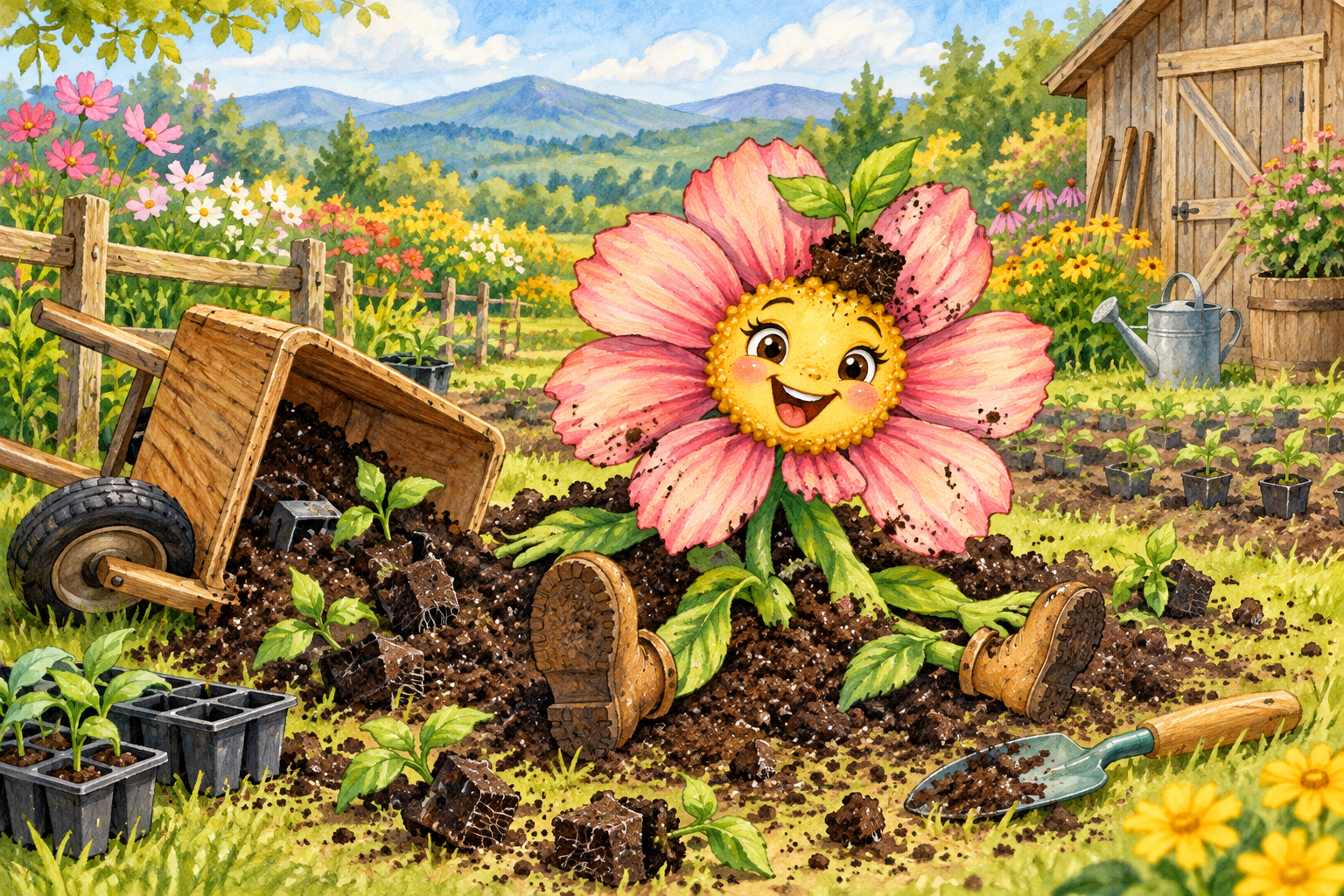 Hattie laughs from a soft pile of potting soil beside a tipped wheelbarrow