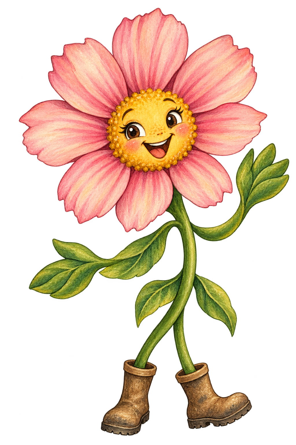 Hattie Bloom, a smiling pink flower wearing garden boots and waving hello